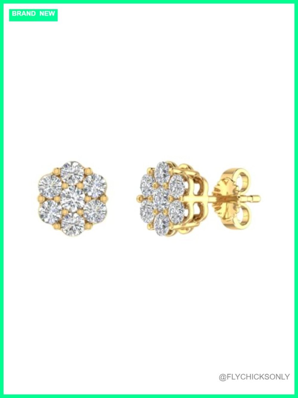 Diamond Cluster Stud Earrings 925 Sterling Silver or 18K Yellow Gold Plated